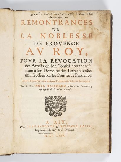 GAILHARD (Noël) Remontrances de la noblesse de Provence au roy pour la révocation...