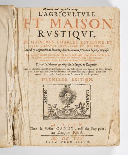 ESTIENNE L'agriculture et maison rustique. Dernière édition.
Lyon, Candy, 1659, 8...
