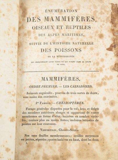 RISSO (Antoine) Histoire naturelle, énumération des mammifères oiseaux et reptiles...