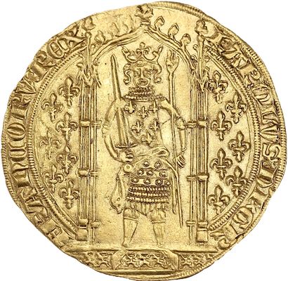 null CHARLES V (1364-1380)
Franc à pied. 3,80 g.
Le roi couronné debout sous un dais...