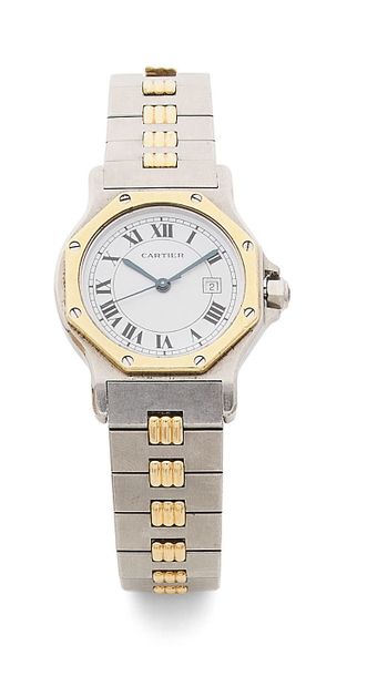 CARTIER, Santos Steel and yellow gold (750) bracelet watch for men.
Round case with...