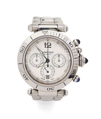 CARTIER ‘'PASHA'' Steel chronograph watch, radiating silver guilloche dial with 3...