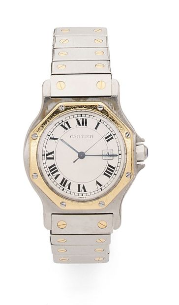 CARTIER, Santos Mixed bracelet watch in steel and yellow gold (750).
Round case with...