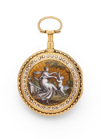 null Small pocket watch, with cock, in yellow gold (750).
Cover decorated with a...