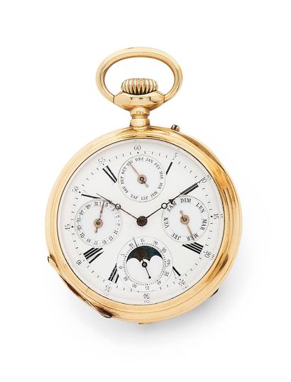 null Pocket watch in yellow gold (750).
Dial with white enamel background, with black...