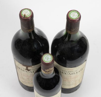 CHÂTEAU MAUCAILLOU 1 bouteille et 2 magnums, 1982.
Moulis.
Niveau haute épaule.
Frottements...