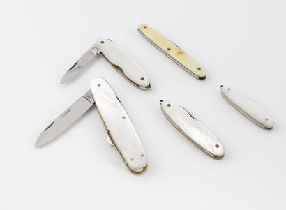 Five stainless steel penknives with two white...