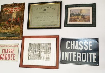 LA CHASSE Nine plates or framed pieces on the theme, including diploma, calendars,...