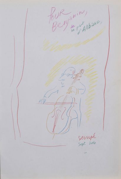 Jean-Jacques SEMPÉ (1932-2022) The Cellist, 2010.
Colored pencils on paper.
Signed...