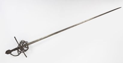 null Iron rapier.
Guard in cage with many branches meeting in chiselled hook, with...