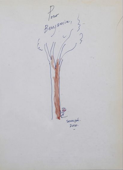 Jean-Jacques SEMPÉ (1932-2022) Le petit Nicolas au pied d'un arbre, 2010.
Stylo bille,...