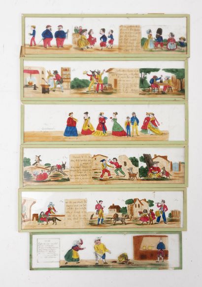 null Lots of 21 polychrome enamelled glass plates for magic lantern, decorated with...