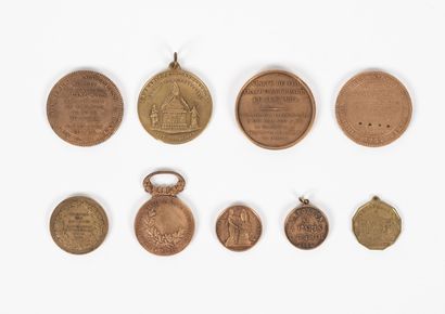 null Small lot of 9 medals, some to hang, in copper, brass or bronze:
- Medal of...