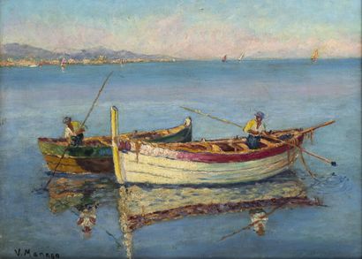 Vincent MANAGO (1880-1936) Barques de pécheurs. 
Huile sur toile contrecollée sur...