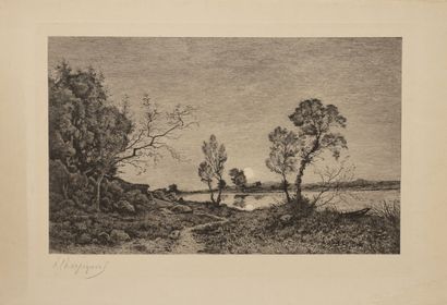 Henri Joseph HARPIGNIES (1819-1916) Landscapes, circa 1895-1900.
Two etchings on...