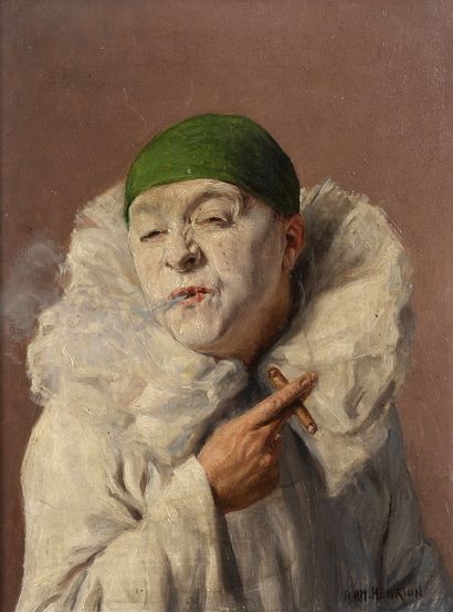 Armand HENRION (1875-1958) Clown fumant le cigare.
Huile sur panneau.
Signé en bas...