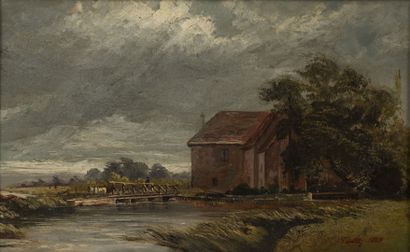 Ecole française du XIXème siècle Paysage à la rivière. 1869.
Huile sur toile
Signée...