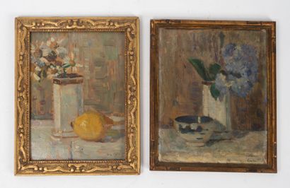 Eugène Lawrence VAIL (1857-1934) Deux huiles sur carton : 
- Nature morte au vase...