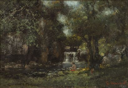Suiveur de Gustave COURBET (1819-1877) Nu près d'une cascade.
Huile sur toile.
Portant...