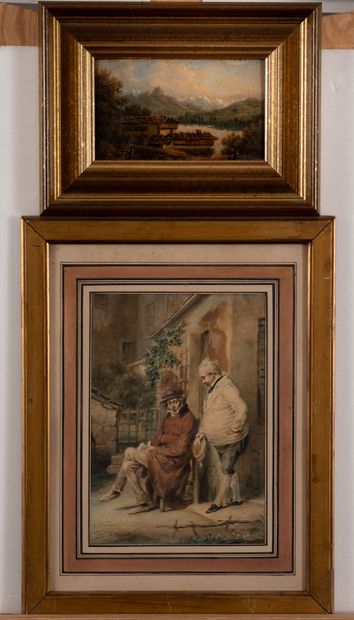 Edme-Jean PIGAL (1798 - 1872) Hommes devant une maison.
Aquarelle. 
Signée en bas...