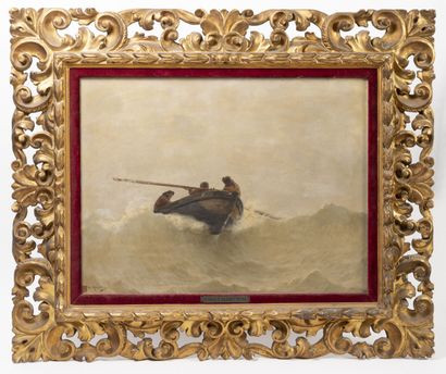 Georges Jean Marie HAQUETTE (1854-1906) Barque de pêche sur la crête d'une vague....