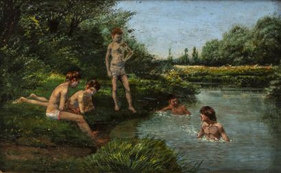 Auguste-Emile Flick (1847-1914) Baigneurs en bord de rivière.
Huile sur panneau....
