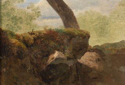 Attribuée à Wolfgang Adam TOEPFFER (1766-1847) Paysage de forêt aux rochers moussus....