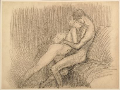 Attribué à Alexandre STEINLEN (1859-1923) Jeune couple sur un sofa.
Crayon sur papier.
Non...