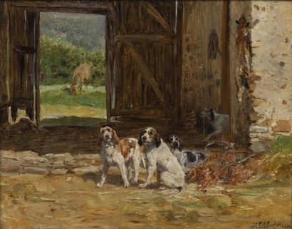 Jules Bertrand GELIBERT (1834-1916) Chiens de meute devant une porte de grange. 1885.
Huile...
