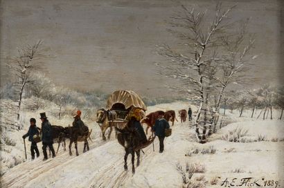 Auguste-Emile Flick (1847-1914) Route enneigée animée d'un charriot bâché, de bovins,...