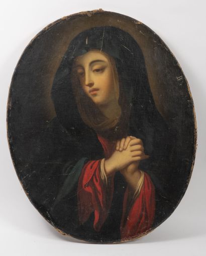 Dans le goût de Carlo DOLCI (1616-1686) La vierge en prière.
Huile sur toile ovale.
XVIIème-XVIIIème...