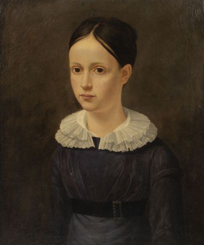 Ecole du XIXème siècle Portrait de jeune fille au col de dentelle.
Huile sur toile.
55...