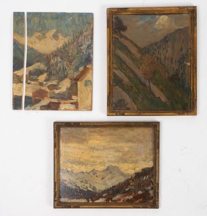 Eugene Lawrence VAIL (1857-1934) Trois huiles sur panneau ou carton : 
- Paysage...