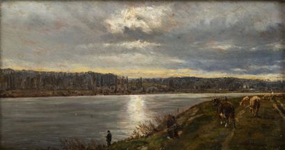 Auguste-Emile Flick (1847-1914) Pêcheur et vaches en bord de fleuve.
Huile sur panneau....