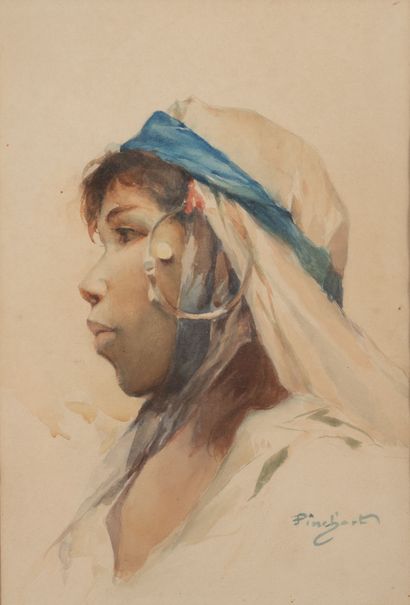 Auguste Emile PINCHART (1842-1920) Portrait d'une jeune magrébine.
Aquarelle.
Signée...