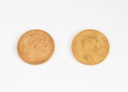 FRANCE Two 20 francs gold coins, Paris, 1854 and 1907. 
Total weight : 12.8 g. 
Scratches...