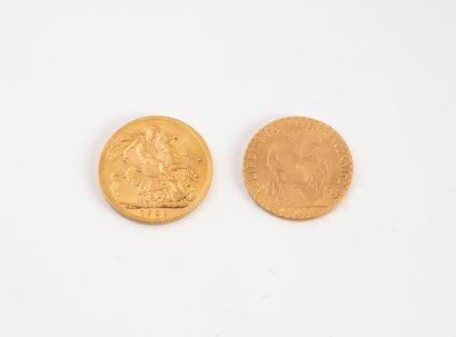 FRANCE et ANGLETERRE 2 coins in yellow gold :
-1 20 franc gold coin (1908)
-1 gold...