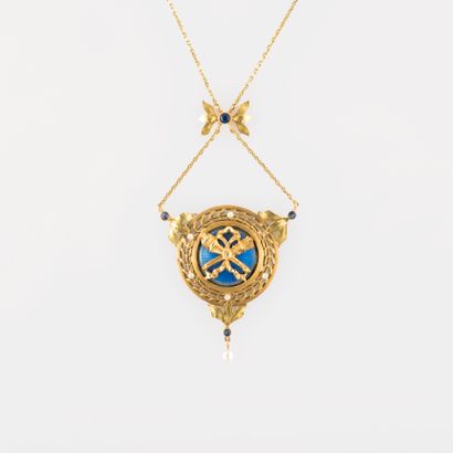 null Yellow gold necklace (750) formed of a forçat mesh holding a small bow motif...