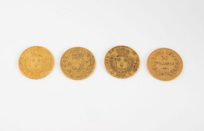 FRANCE Lot de 4 pièces 20 Francs or :
-Trois Louis XVIII (1814, 1815 et 1819)
-Une...