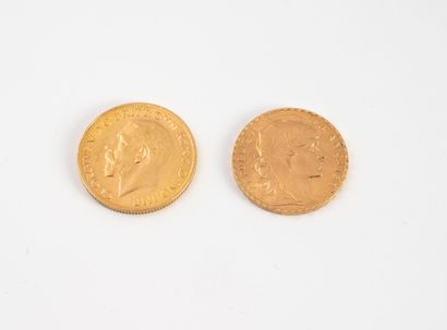 FRANCE et ANGLETERRE 2 pièces en or jaune :
-1 pièce de 20 francs or (1908)
-1 Souverain...
