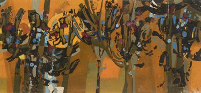 René FUMERON (1921-2004) L'orée du bois.
Carton de tapisserie.
Acrylique sur carton...