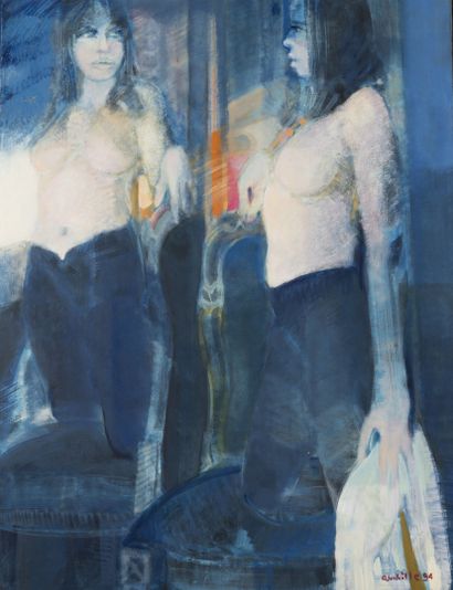 Paul AMBILLE (1930-2010) Le miroir 1994.
Huile sur toile.
Signée et datée en bas...