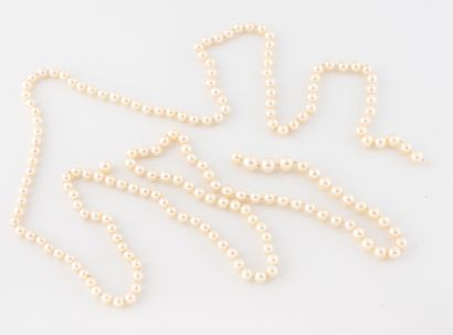 null Sautoir de perles de cultures blanches en légère chute.
Long. : 129 cm. 
Accident...