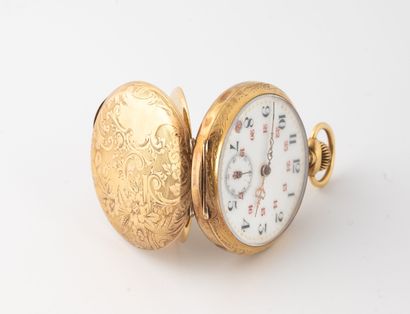 null Yellow gold (750) gousset watch with white enameled dial, black and red painted...
