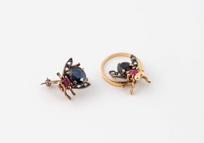 Yellow gold (585) and silver (800) ring and...