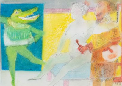 Blasco MENTOR (1919-2003) Le peintre et ses modèles, 1994.
Crayons de couleurs sur...
