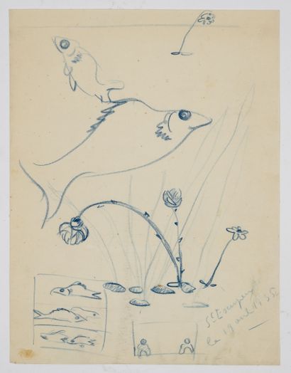 Antoine DE SAINT-EXUPÉRY (1900-1944) Sketch and/or study of fish, 1935.
Blue pencil...