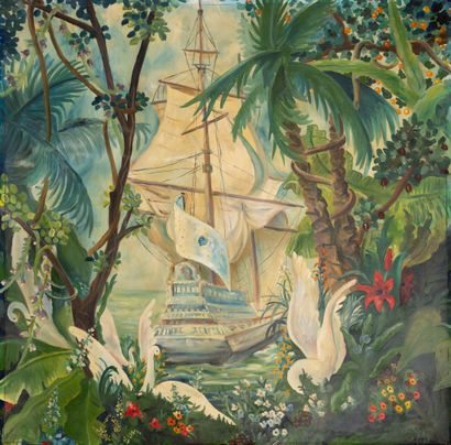 MICHEL-HENRY (1928-2016) The Sailing Ship Docking, 1943.
Oil on canvas not mounted...