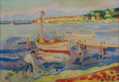 Jean PONS (1913-2005) Busy fishing port.
Oil on paper mounted on canvas. 
Signed...