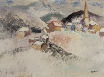 Georges GIMEL (1898-1962) Animated mountain landscape with a village.
Oil on canvas.
Signed...